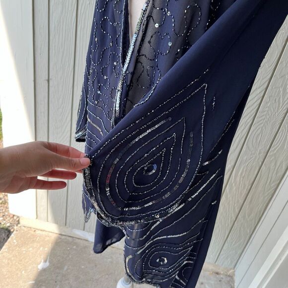 VTG Beaded Roaman’s Navy Duster Jacket Sheer Evening Kimono 43” - Picture 9 of 10